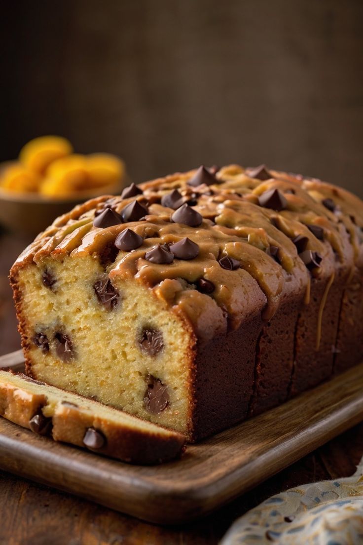 Decadent Chocolate Chip Loaf Cake with Salted Caramel Drizzle