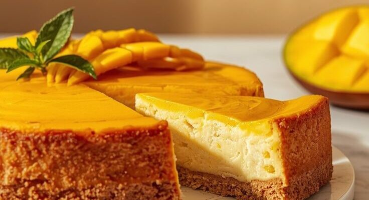 Creamy Baked Mango Cheesecake with Fresh Mango Topping