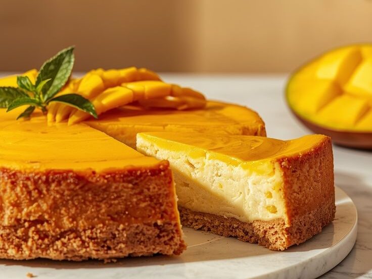 Creamy Baked Mango Cheesecake with Fresh Mango Topping