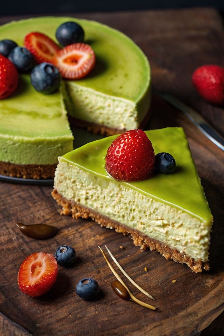 No-Bake Creamy Matcha Cheesecake with Fresh Berries