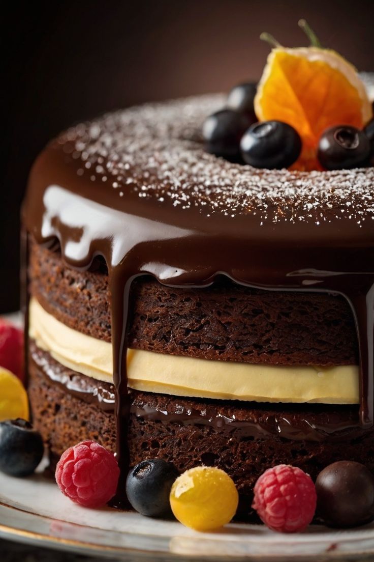 Decadent Chocolate Layer Cake with Silky Ganache and Fresh Berries
