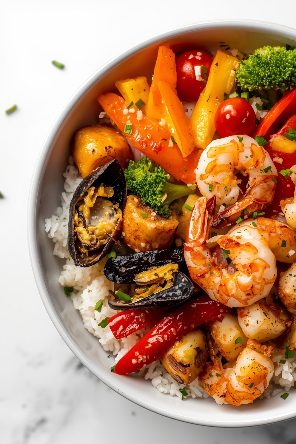 Seafood Rice Bowl with Shrimp, Mussels, and Vegetables