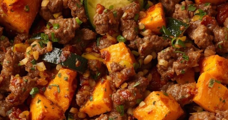 Savory Ground Beef and Sweet Potato Skillet with Zucchini
