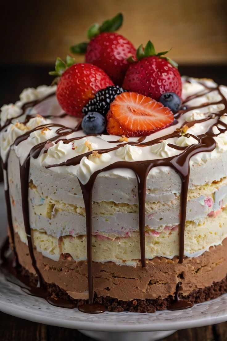 Triple Layer Chocolate and Cream Cake with Fresh Berries
