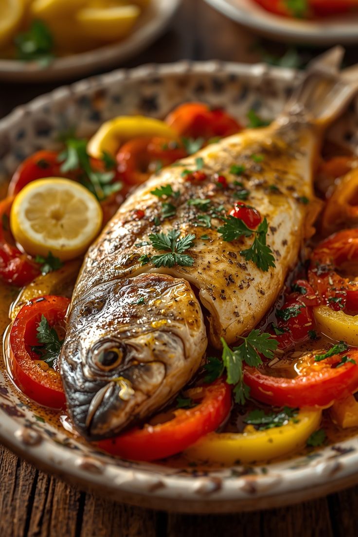 Oven-Baked Whole Fish with Lemon, Peppers, and Fresh Herbs