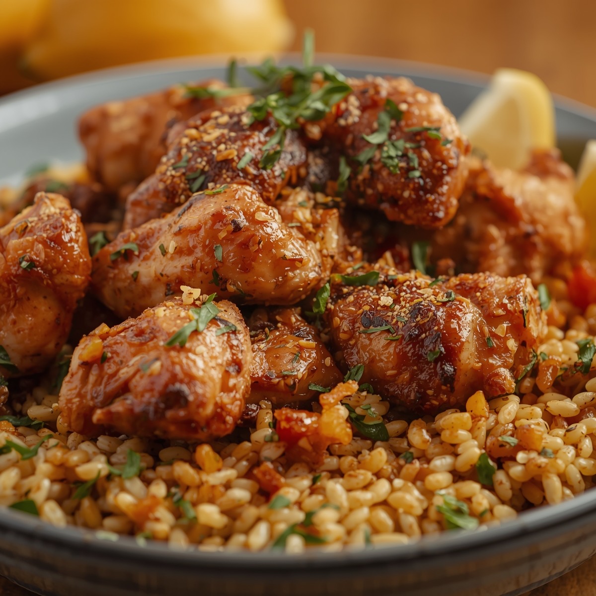 Honey Garlic Glazed Chicken Bites over Savory Pearl Couscous